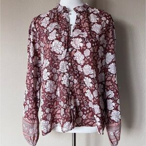 Cleobella Anthropologie floral top blouse large pink brown button puff long